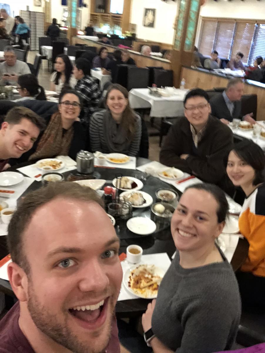 Cooperstone and Kopec labs celebrate Chinese New Year with dim sum, February 2018, Columbus, Ohio. L-to-R starting top L: Michael, Jess, Rachel, Bo, Rosalie, Haley and Matt big up front.