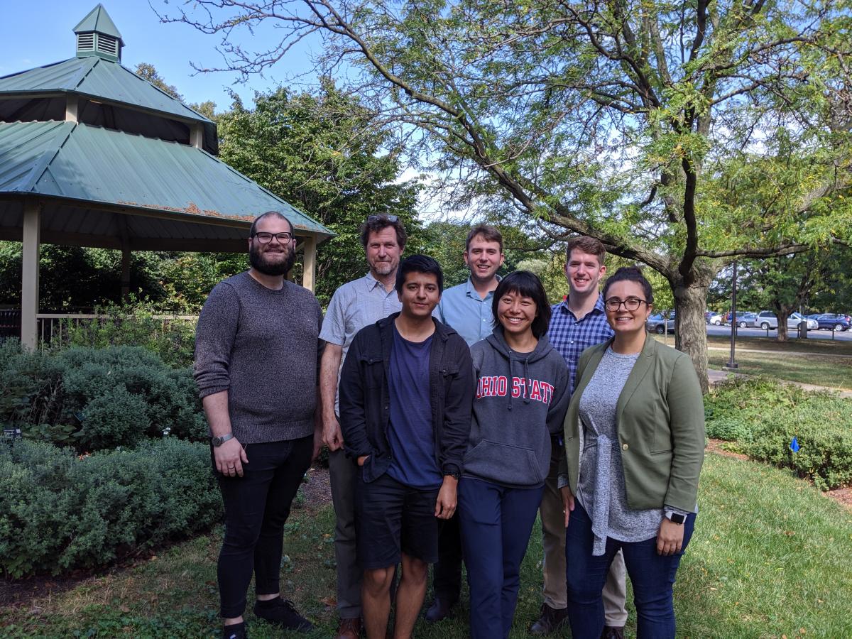 A good chunk of #TeamTomato after the OSU HCS Grad Research Symposium, October 2019. L to R (starting in back): JL, David Francis, Sean Fenstemaker, Michael , Eduardo Bernal, Su Subode, Jess